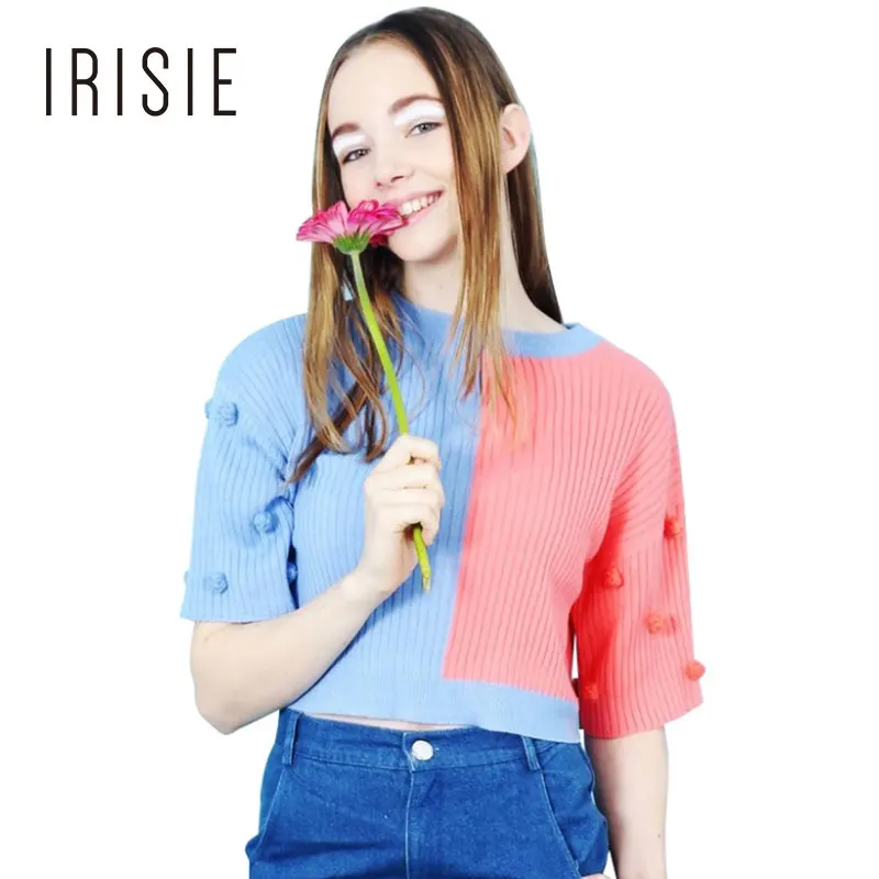 IRISIE O-neck Patchwork Sleeve Pullovers Sweater Casual Streetwear Blue And Pink Autumn Tops For Women 2018 New Arrival | Женская одежда