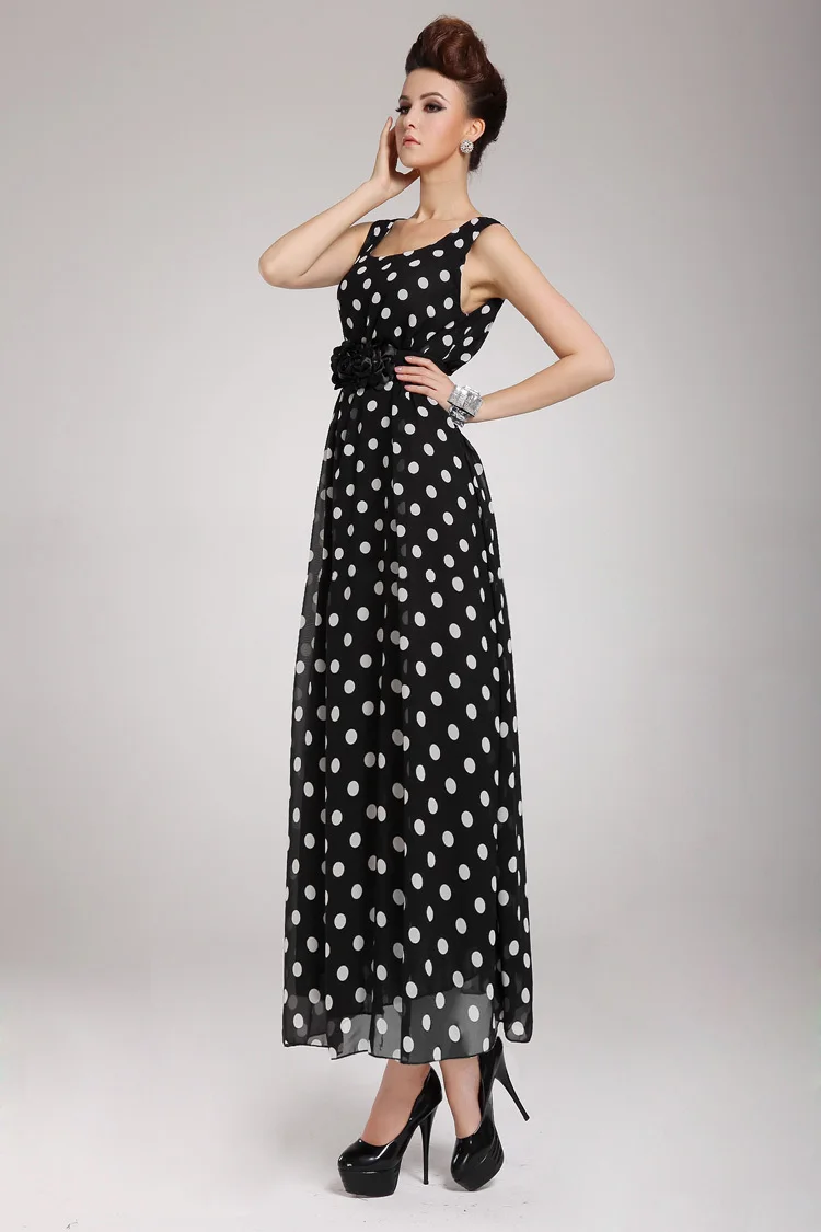 С поясом! 2015 мода новый женский чешские длинное платье танк белые точки лето