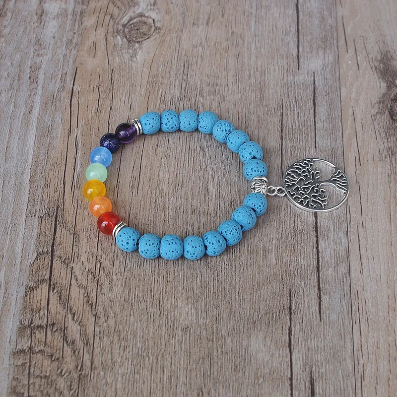 Life Tree 7 Чакра браслет 8 мм синие Бусины Из лавового камня Исцеление йогой рейки