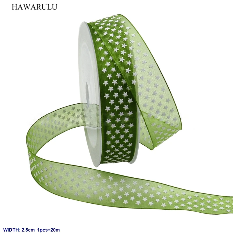 

1pcs 2.5cm 20m DIY christmas lace fabric ribbonTransparent snow yarn printed Pentagram green ribbon gift box wrapped deco
