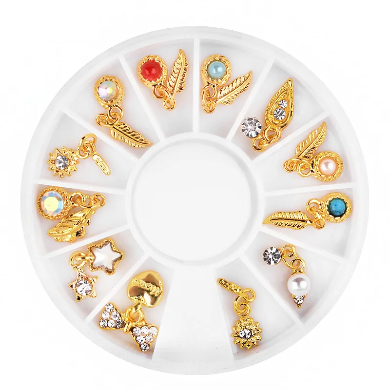 

1 Wheel Gold Alloy Pendant Feather Pearl AB Clear Rhinestone Nail Decorations DIY Charm Nail Art Jewelry Supplies