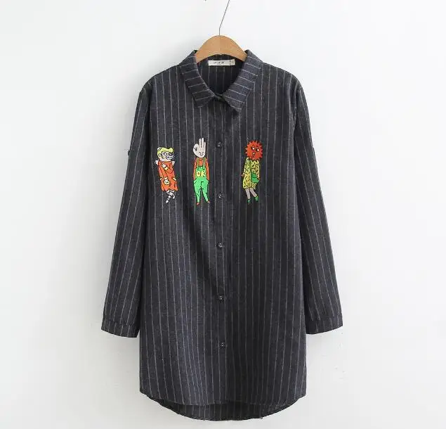 2018 spring cartoon embroidery striped Single-breasted long shirt blouse |