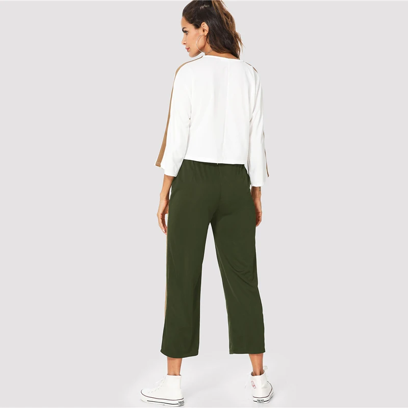 Dotfashion полосатый контрастный Топ и штаны с завязками на талии, весенний круглый вырез, рукав 3/4, комплект из 2 предметов, осенняя женская повседневная одежда