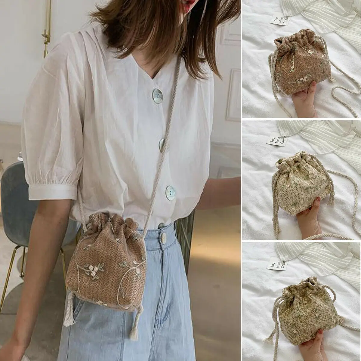 Плетеная Сумка ведро из ротанга соломенная сумка с цветочным принтом пляжная