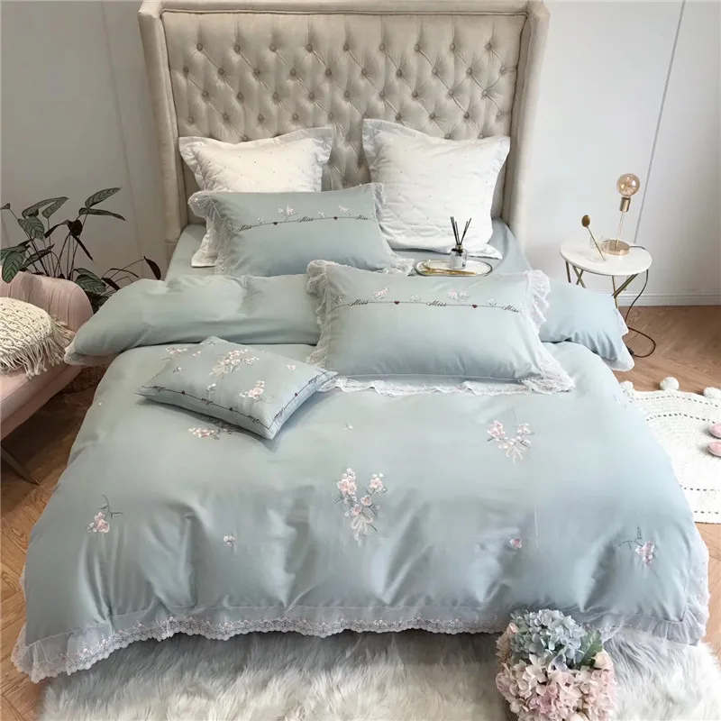 Комплект постельного белья с вышивкой для девушек роскошное зеленое египетское