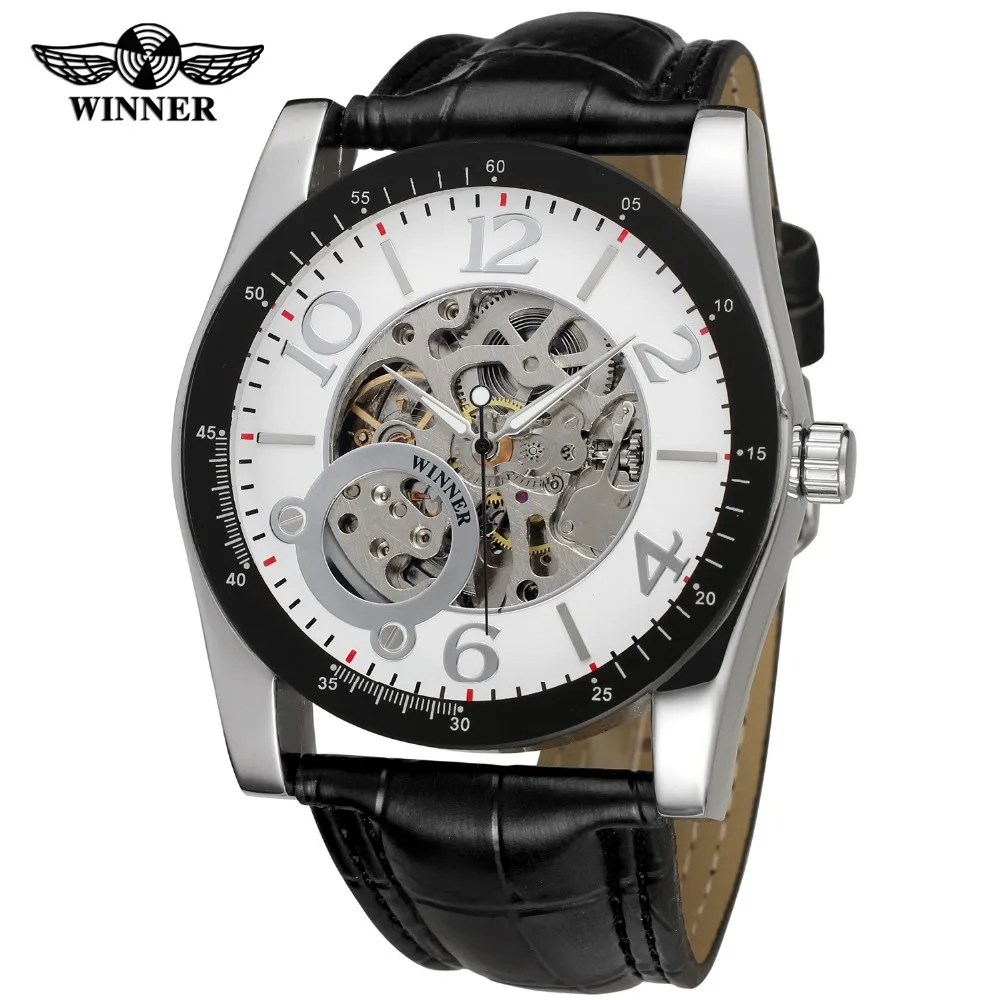 

Winner Men's Watches New Style Fashion Round Charming Genuine Leather Strap Famous Brand Wristwatches Color White WRG8102M3