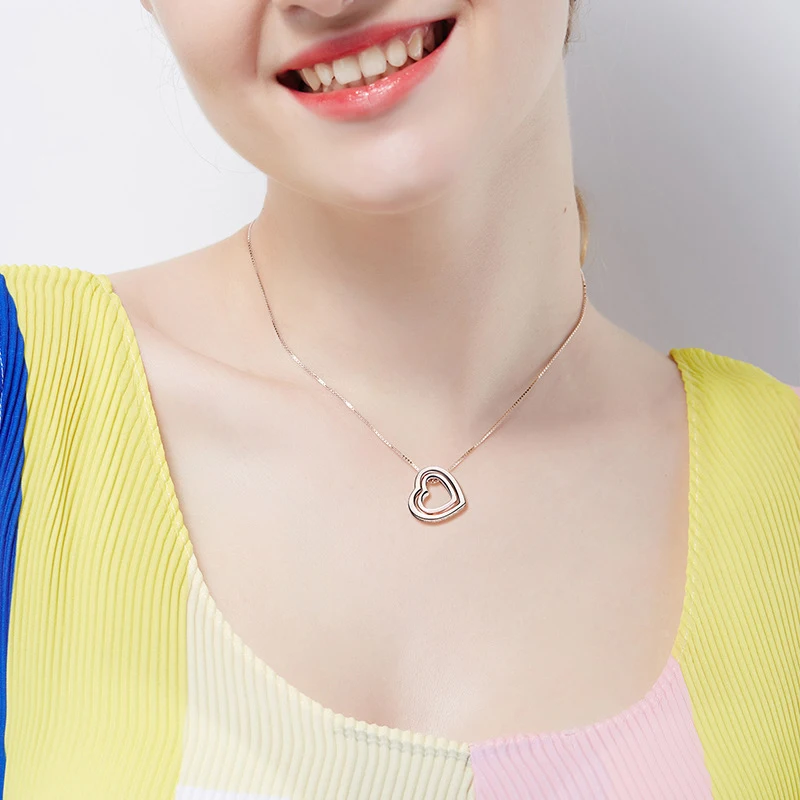 Warme Farben Korean Rose Gold Color Necklace for Women Double Heart Pendant Necklace Fashion Jewelry Choker Necklace Collares