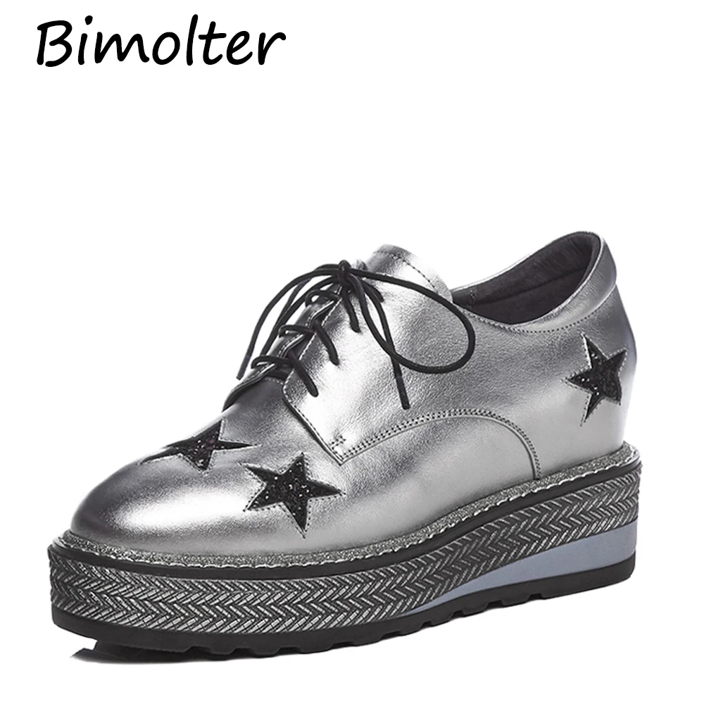 Bimolter/весенние модные кожаные Лоскутные женские туфли на платформе со звездами; женские повседневные туфли на шнуровке в свободном стиле; женская обувь на плоской подошве; NB075