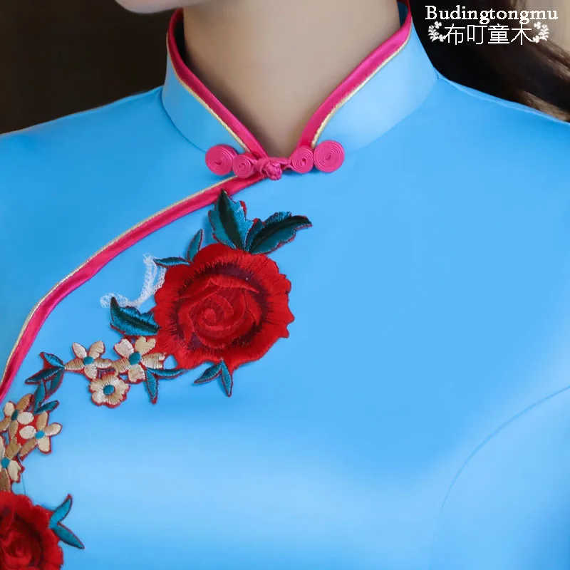 

Sexy Light Blue Women's Long Cheongsam Summer Vintage Chinese style Qipao Slim Party Dress Button Vestido Plus Size S-4XL