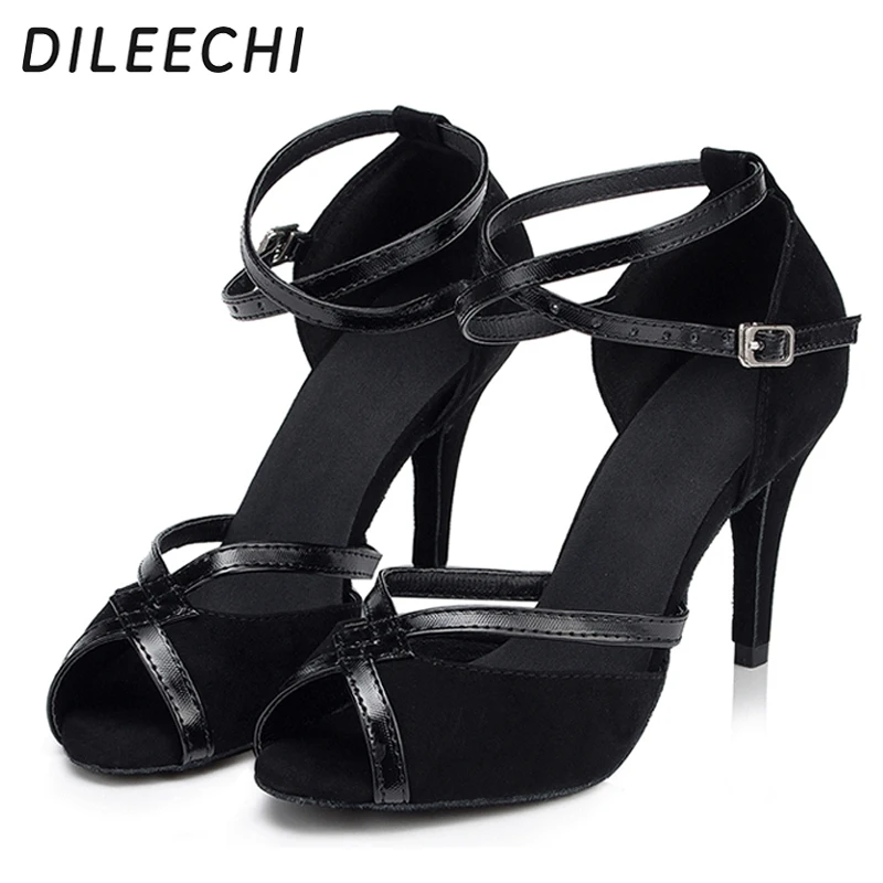 DILEECHI/черные туфли из флока с глубокой кожей сатиновые для латинских танцев