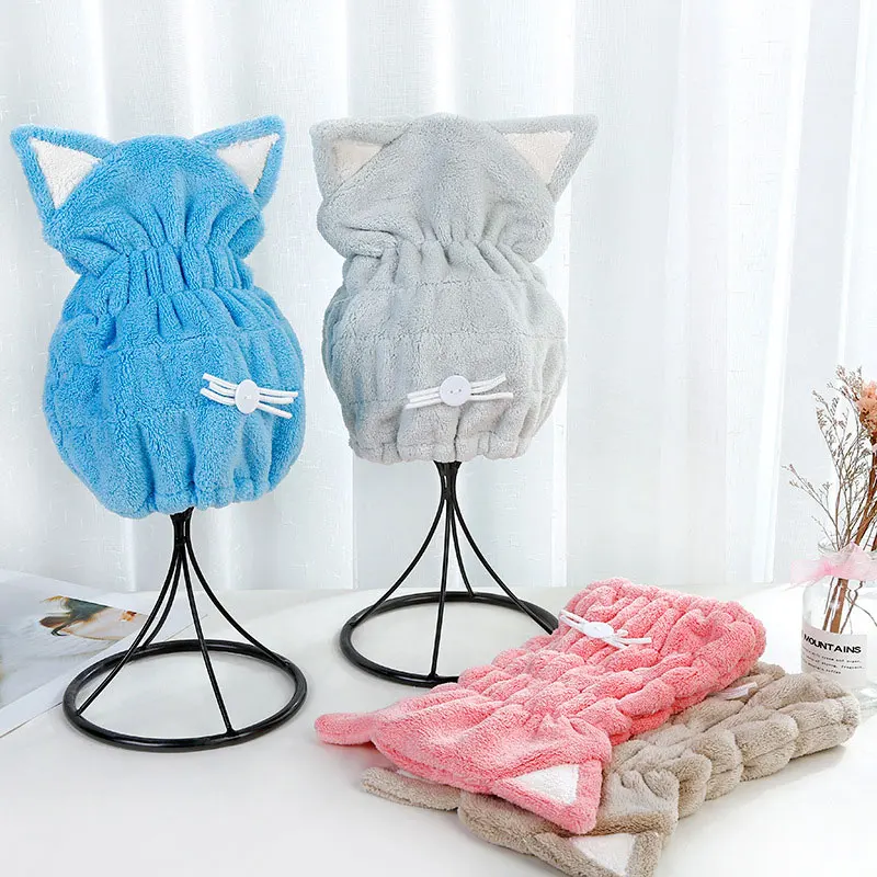 Шапка для душа с кошачьими ушками Коралловая флисовая шапка быстрой сушки волос