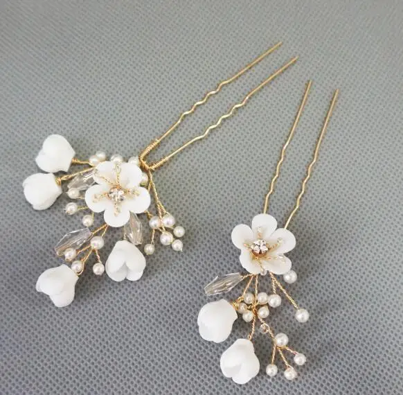 Hair Pin set 2 шт./компл. глиняная Заколка-невидимка для волос ручной работы Свадебный головной убор Романтические свадебные аксессуары для волос вечерние для выпускного на волосы ювелирные изделия невесты - Окраска металла: Hair Pin set