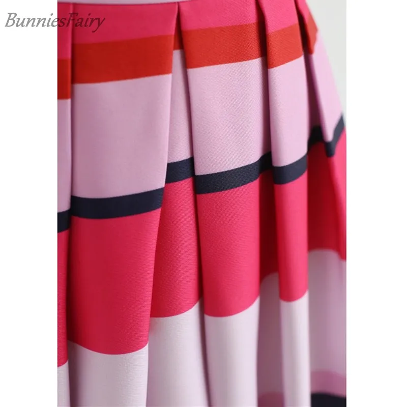 BunniesFairy Autumn Hepburn 1950s 60s Vintage Retro Stayin' Alive Colorful Pink Stripes Geometric Print Pleated Midi Skirt