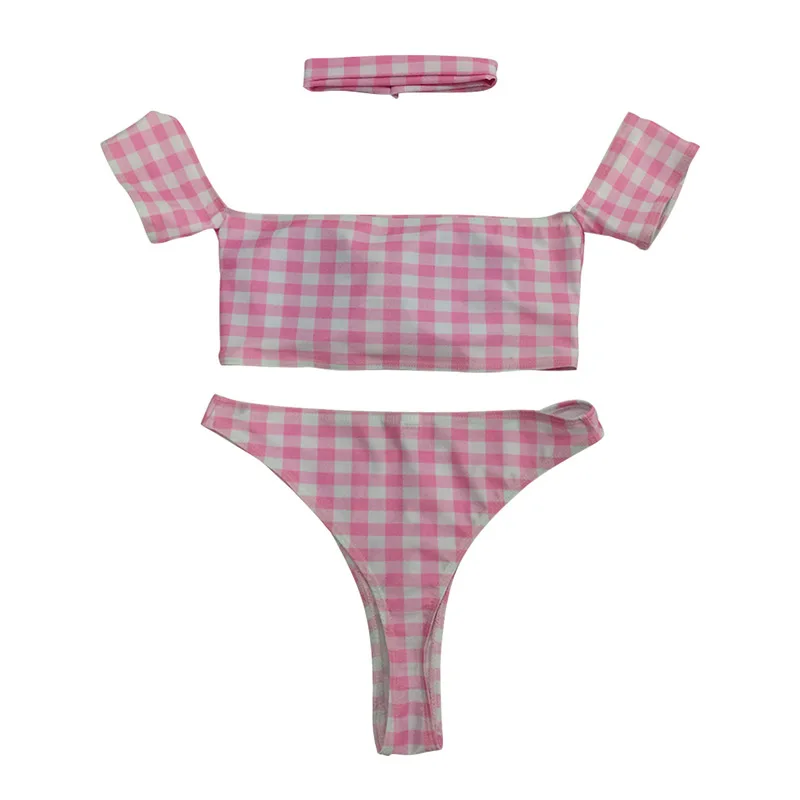 2018 New Sexy Bikini Women Swimsuit Tube Top No Rims Pink and White Plaid High Waist MERMADE SW7047 |