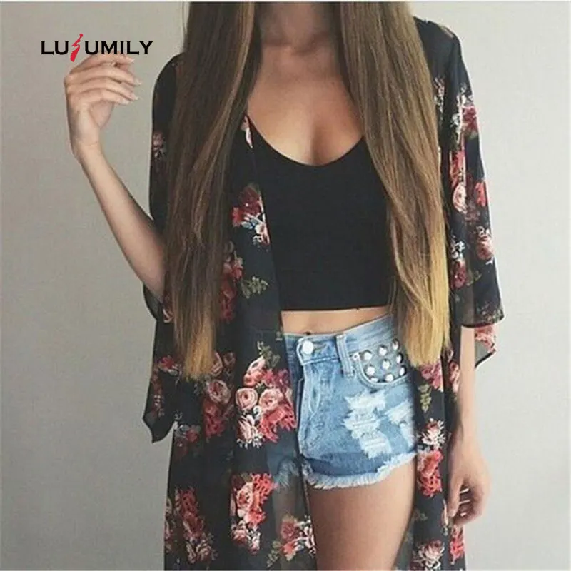 Lusumily Повседневный винтажный кардиган кимоно женская летняя длинная куртка