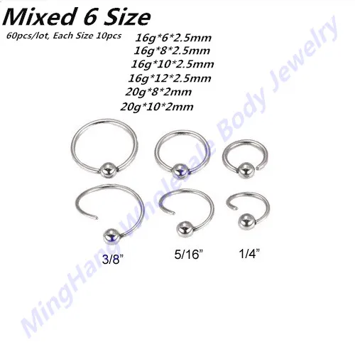 16g 20g 316L Surgical Steel Easy open Captive Bead Ring Nose Septum Hoop Piercing Jewelry 60pcs/lot | Украшения и аксессуары