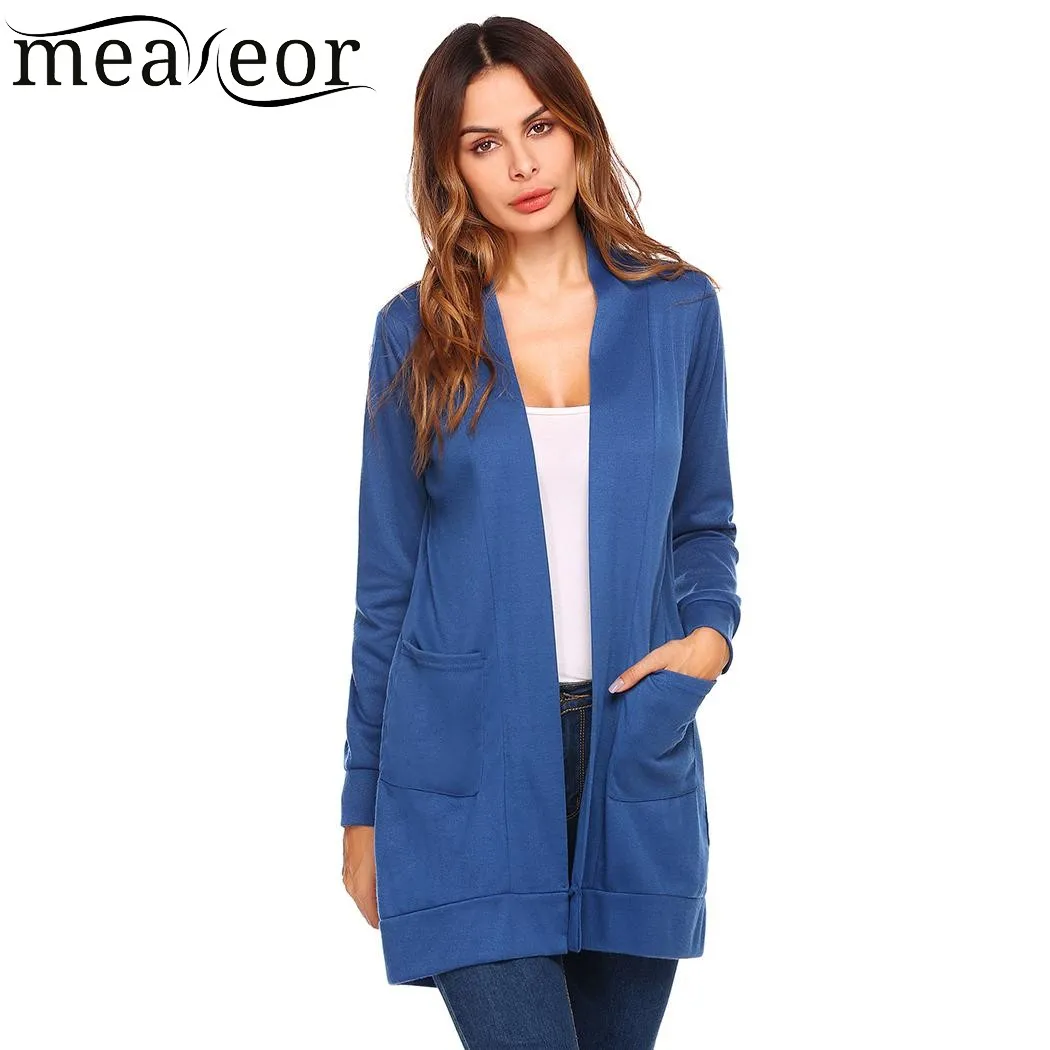 Meaneor 2017 New Women Casual Autumn Cardigan Long Sleeve Solid Open Front Cardigans Sexy Loose Lady Sweater with 2 pockets Tops |