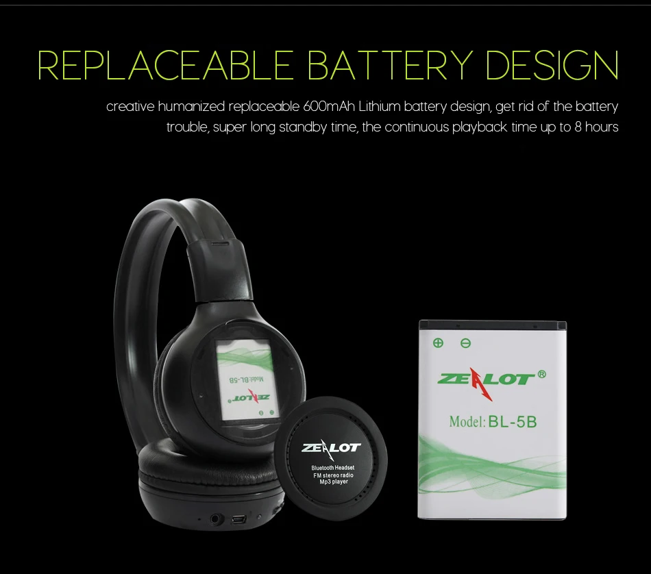 Zealot B570 Bluetooth наушники складные Hi-Fi стерео беспроводные наушники с ЖК-дисплеем экран гарнитура FM радио Micro-SD слот