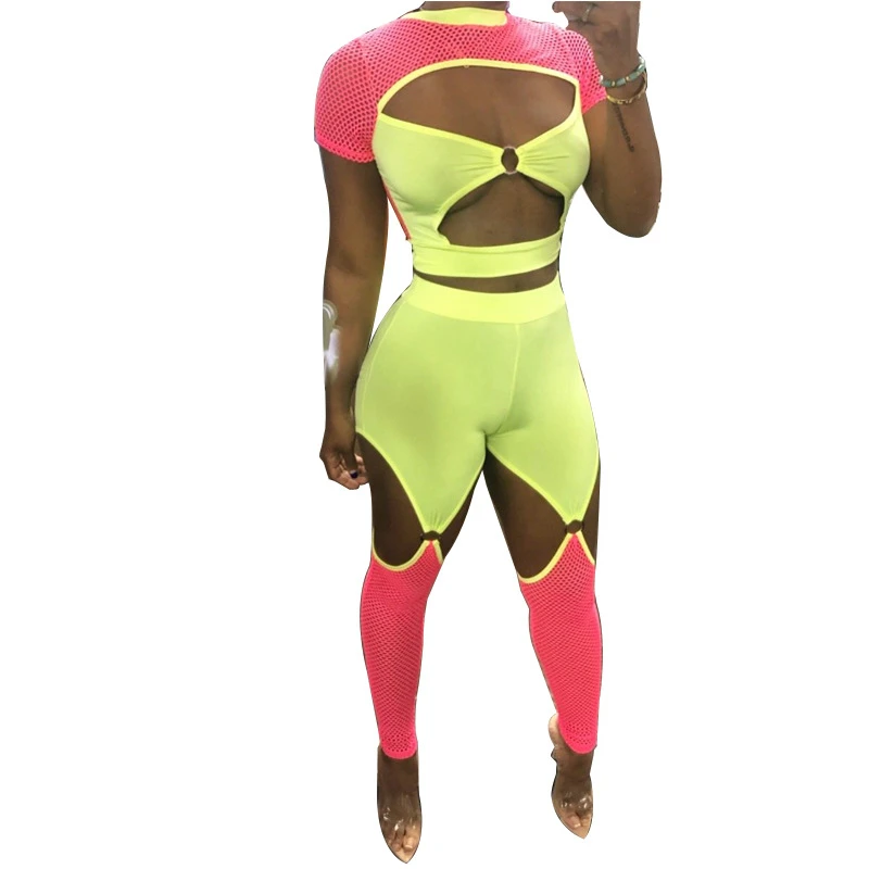 Женский флуоресцентный комплект из двух предметов ажурный лоскутный топ с