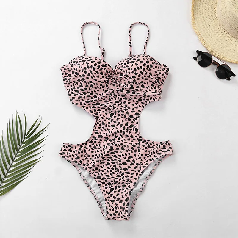 

Women Leopard Print One Piece Swimsuit Swimwear Bandage High Cut Monokini Bathing Suit Side Cutout Sexy Bikini Padded