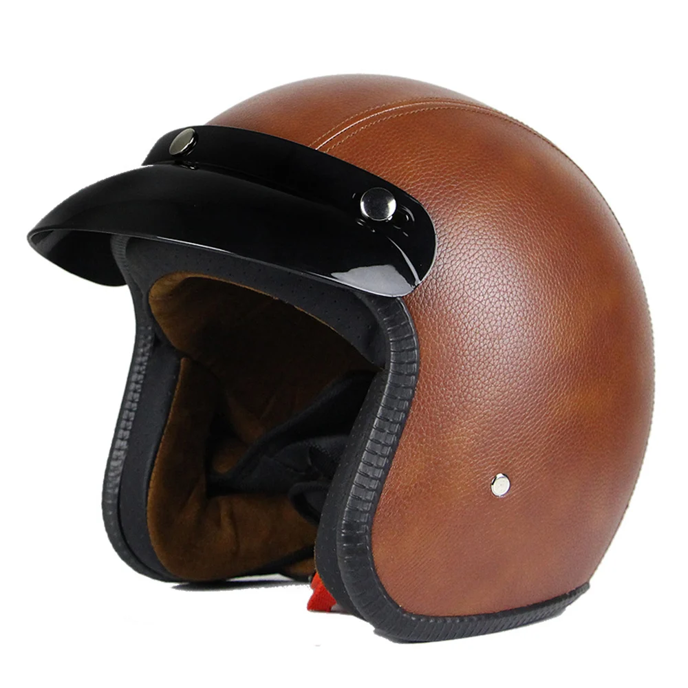 Brown PU Leather Мотоциклетный шлем кожаный винтажный кафе, Рейсер, чоппер Ретро крушение мотоциклетный шлем козырек для мотоцикла Мото шлем для мотоцикла - Цвет: Brown PU Leather