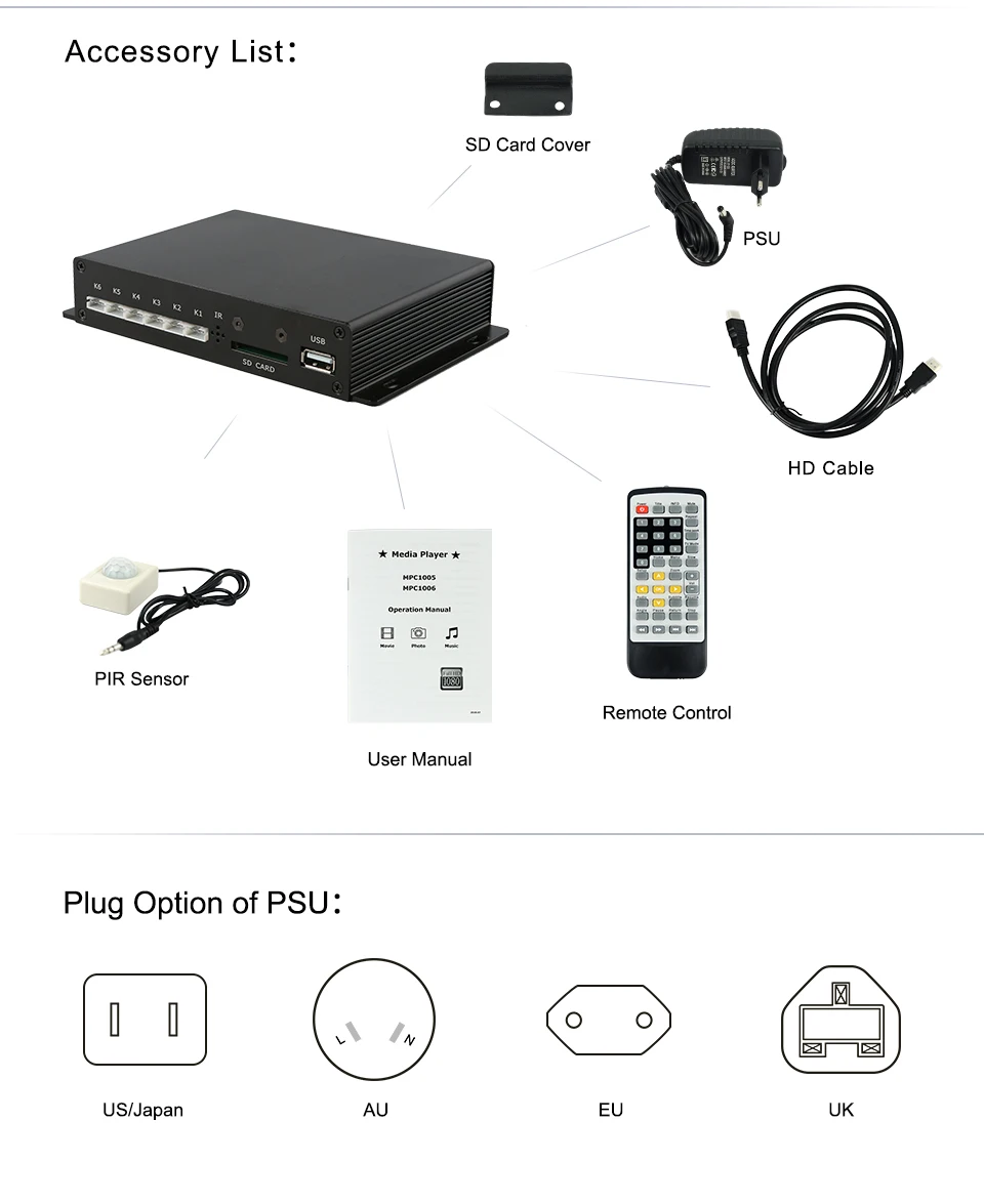 MPC1005-3 датчик движения функция RS232 управление CE/FCC/ROHS Сертифицированный full hd медиаплеер коробка