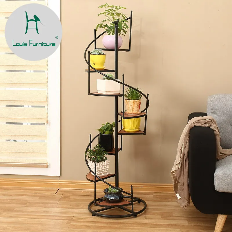 

Louis Fashion Plant Shelves Iron Art Modern Multi-storey Indoor Living Room Solid Wood Balcony Flower Pot Floor Type