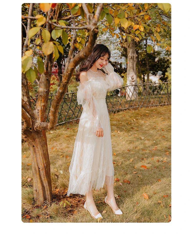 YOSIMI летнее бежевое кружевное длинное женское платье Vestidos богемная туника с длинным рукавом и круглым вырезом вечернее платье длиной до щиколотки