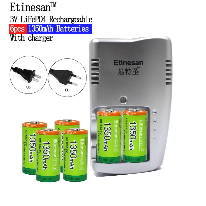 6 шт. 3 в LiFePO4 CR123A перезаряжаемые батареи 1350 мАч etinq 0 16340 литиевая батарея + 2 слота