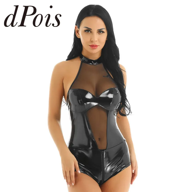 

Women One-piece Wetlook PU Leather Lingerie Mesh Splice Front Bust Halter Neck Sleeveless Backless Teddy Bodysuit Club Nightwear