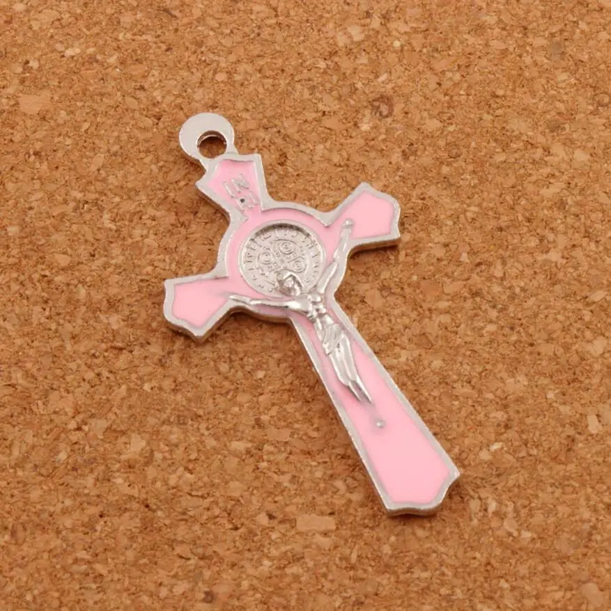 pink 12 Цвета распятие эмаль святой Бенедикт Медаль Крест Шарм Бусины 64 шт. 51X27 мм Двусторонняя Подвески ювелирные изделия DIY l423 - Цвет: pink