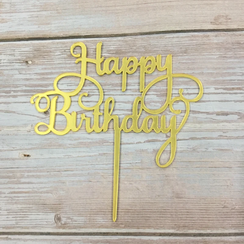 

free shipping 5pcs gold mirror acrylic cake topper happy birthday cake topper
