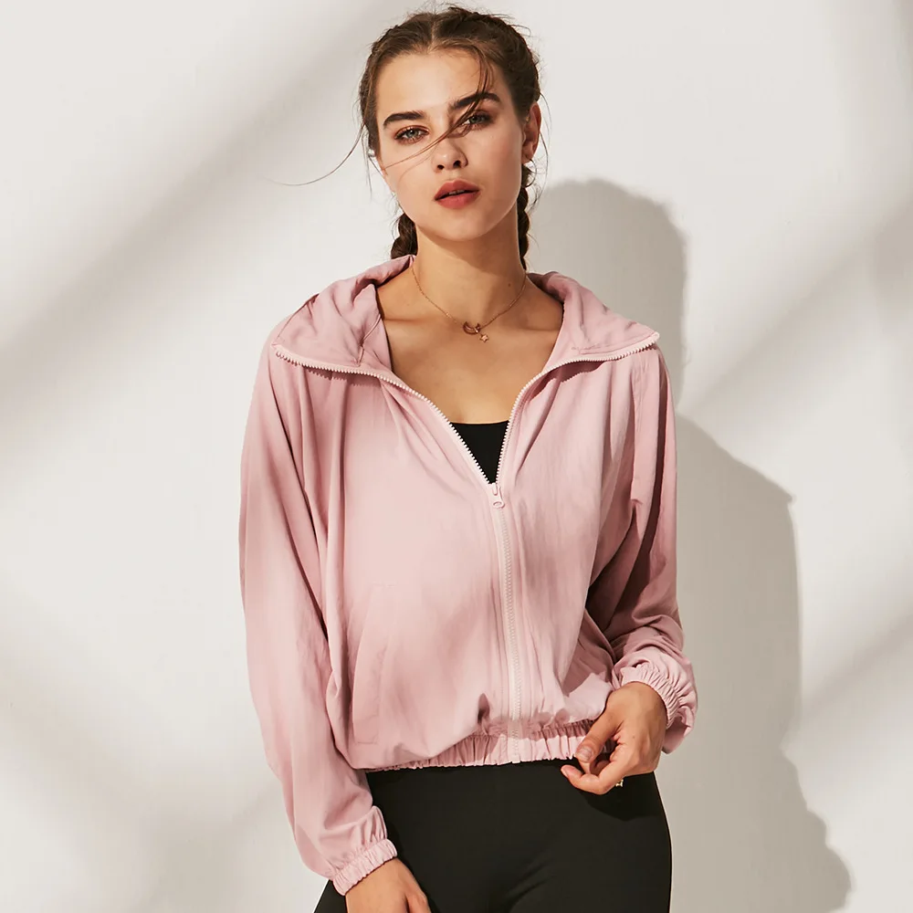 Женская куртка с капюшоном для бега дышащая на молнии тренажерного зала топы