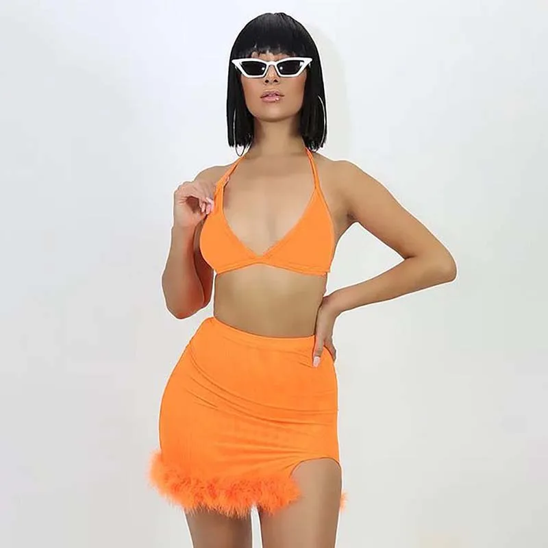 Beyprern Kylie Jenner, сексуальный сетчатый комплект с перьями Tirm, милый сетчатый укороченный топ и комплект с высокой талией, праздничная одежда