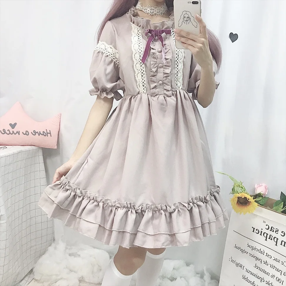Kawaii/японское платье в стиле Лолиты; платье для женщин; мягкое платье для девочек; милое платье феи с кружевными рукавами-фонариками