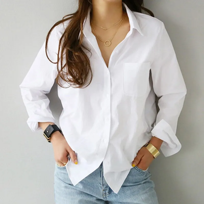 

Women Casual Blouse New Fashion White lapelNeck long Sleeve Buttons Blouse 2019 Autumn Lady Loose Work Tops Blusas