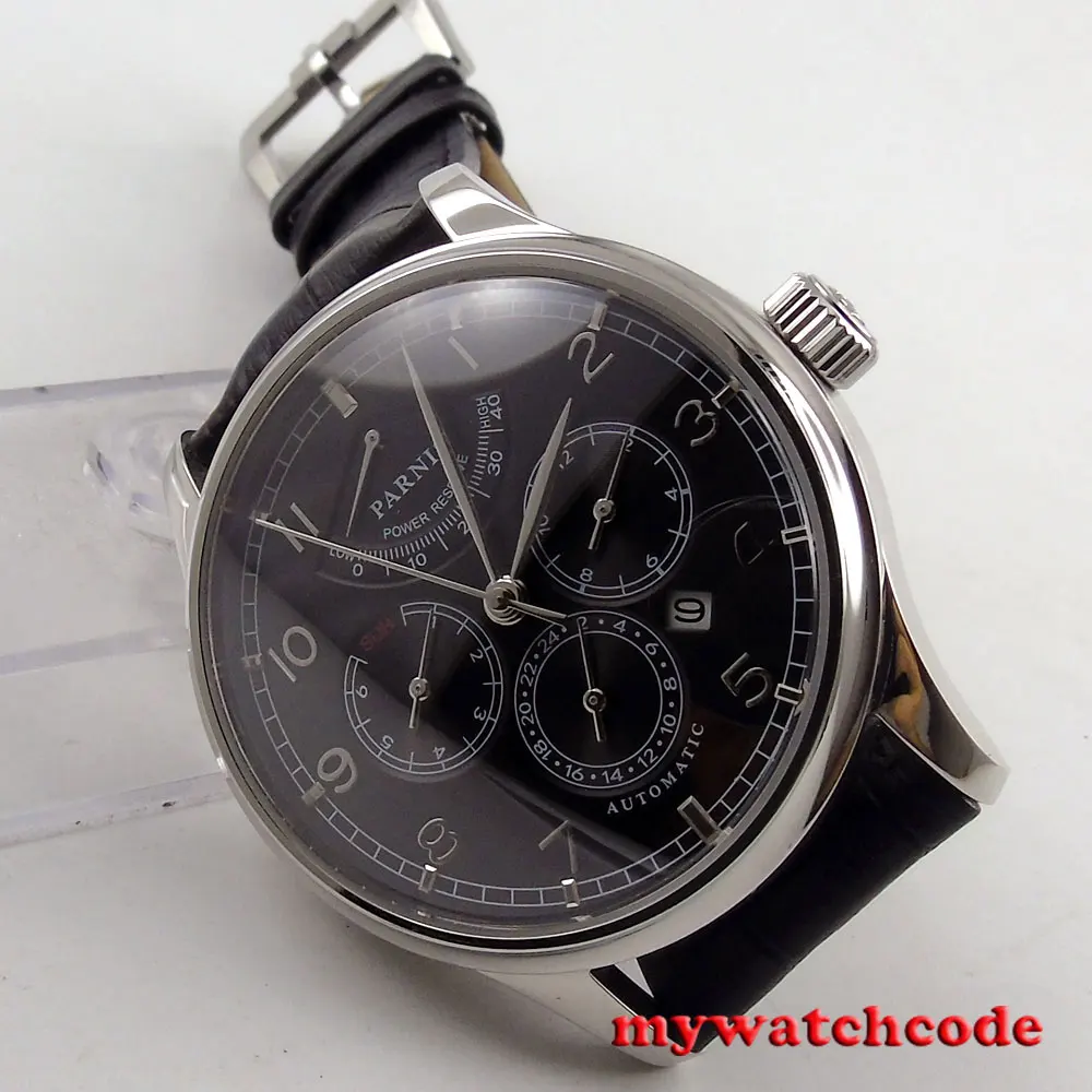 Мужские часы parnis автоматические с черным циферблатом и сапфировым стеклом 26