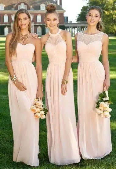 Розовые и темно синие недорогие Длинные платья подружки невесты шифоновые - Фото №1
