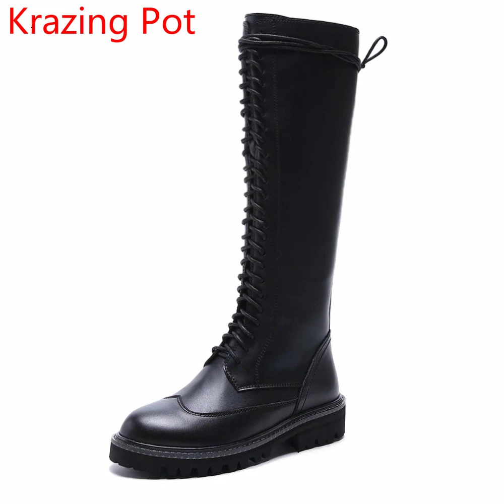 

2020 Lace Up Cow Leather Round Toe Med Heels Chelsea Boots Black Motorcycle Boots Keep Warm Handmade Runway Thigh High Boots L33