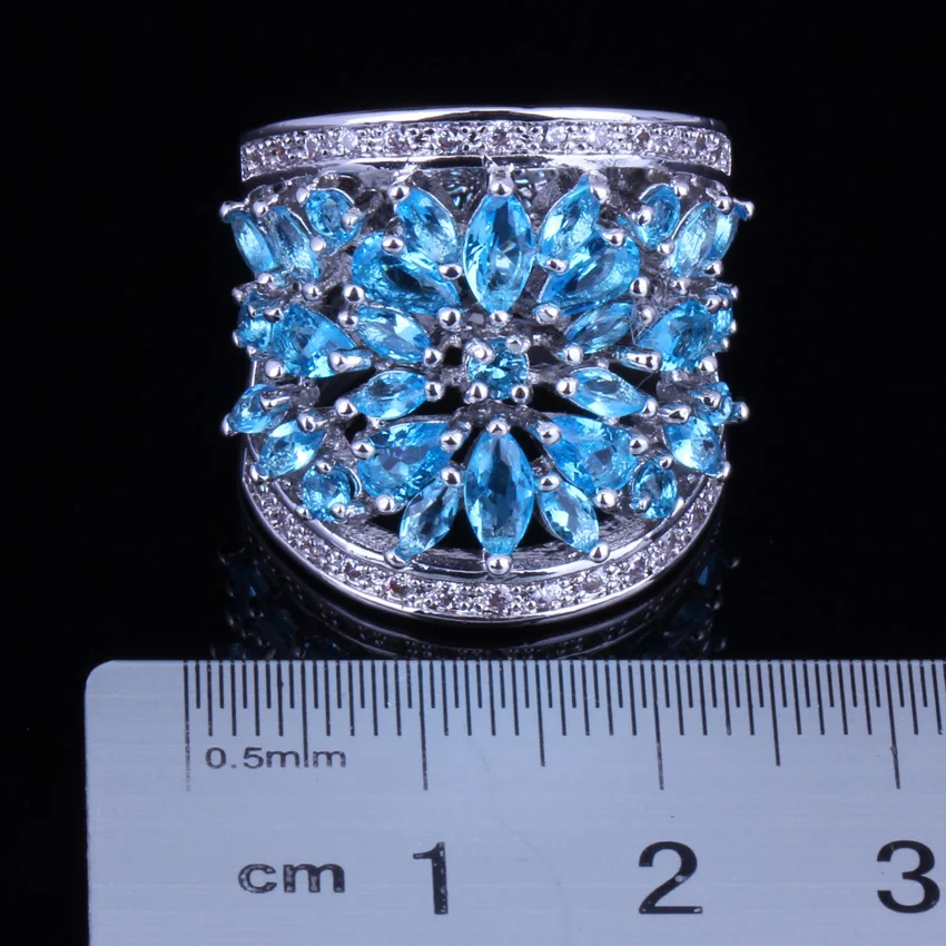 Astonishing Huge Sky Blue Cubic Zirconia White CZ Silver Plated Ring V0156 | Rings
