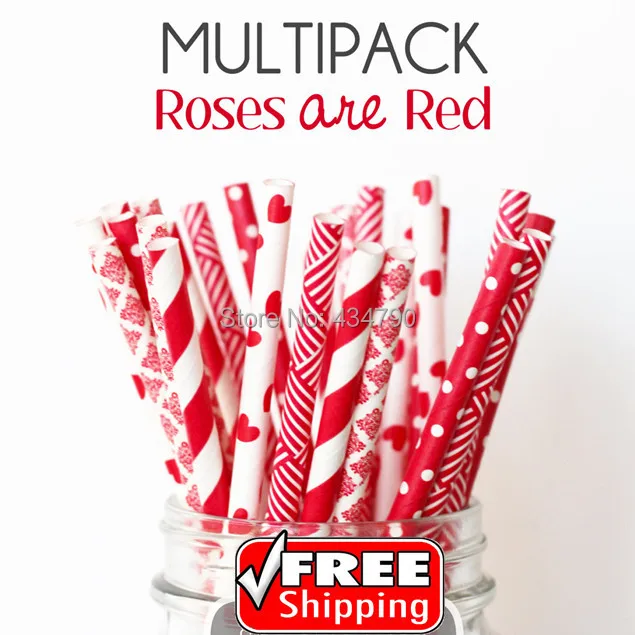 

250pcs Mixed 5 Designs ROSES ARE RED Themed Paper Straws -Damask,Stripes,Polka Dot,Hearts,Weave,Love,Valentines Day,Party