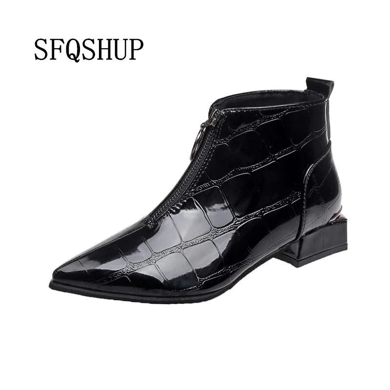 SFQSHUP Women Fashion Block Heel Ankle Boots Autumn Female Patent leather Zipper Pointed Toe Pumps Ladies Party Footwear | Обувь