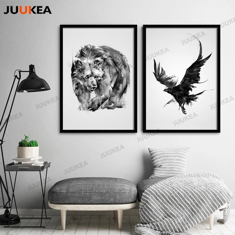 Черный белый цвет животного Nordic плакат медведи орел печать холст стены Книги по