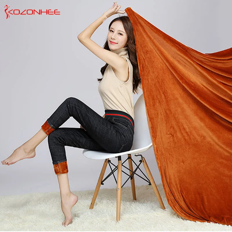 Кашемировые зимние теплые джинсы для женщин с высокой талией черные девочек