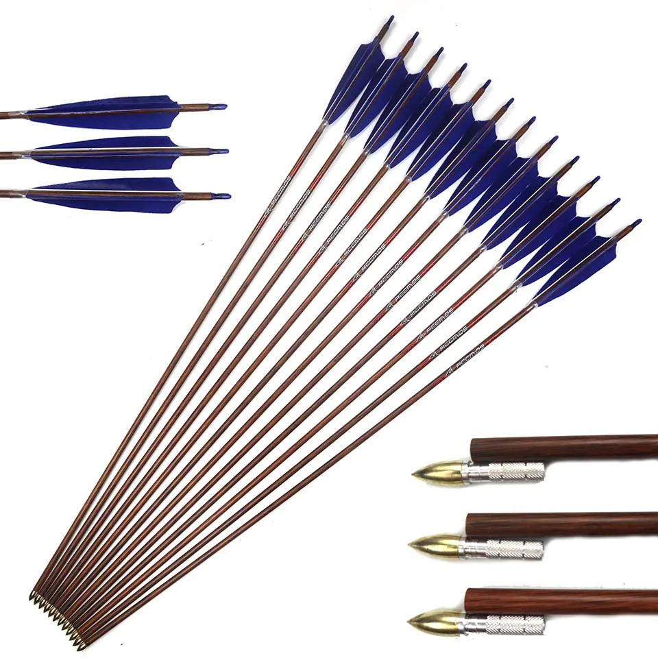 

12pcs 32 inches Spine 400 450 500 600 700 Pure Carbon Arrow With Wooden Pattern Real Feather for Traditional/Long Bow Hunting