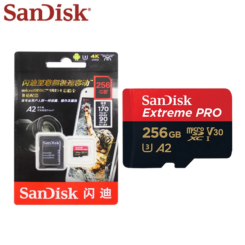 100% Original Sandisk Extreme Memory Card 256GB Class 10 UHS-I Flash Card U3 High Speed A2 V30 Micro SD Card TF Extreme PRO Card