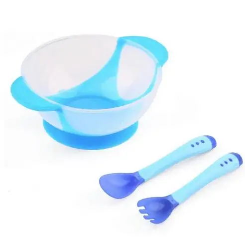 blue spoon fork Посуда для кормления детей, детская Тарелка на присоске, миска для малышей, детская крышка для кормления, тренировочная миска с ложкой, Обучающие блюда - Цвет: blue spoon fork