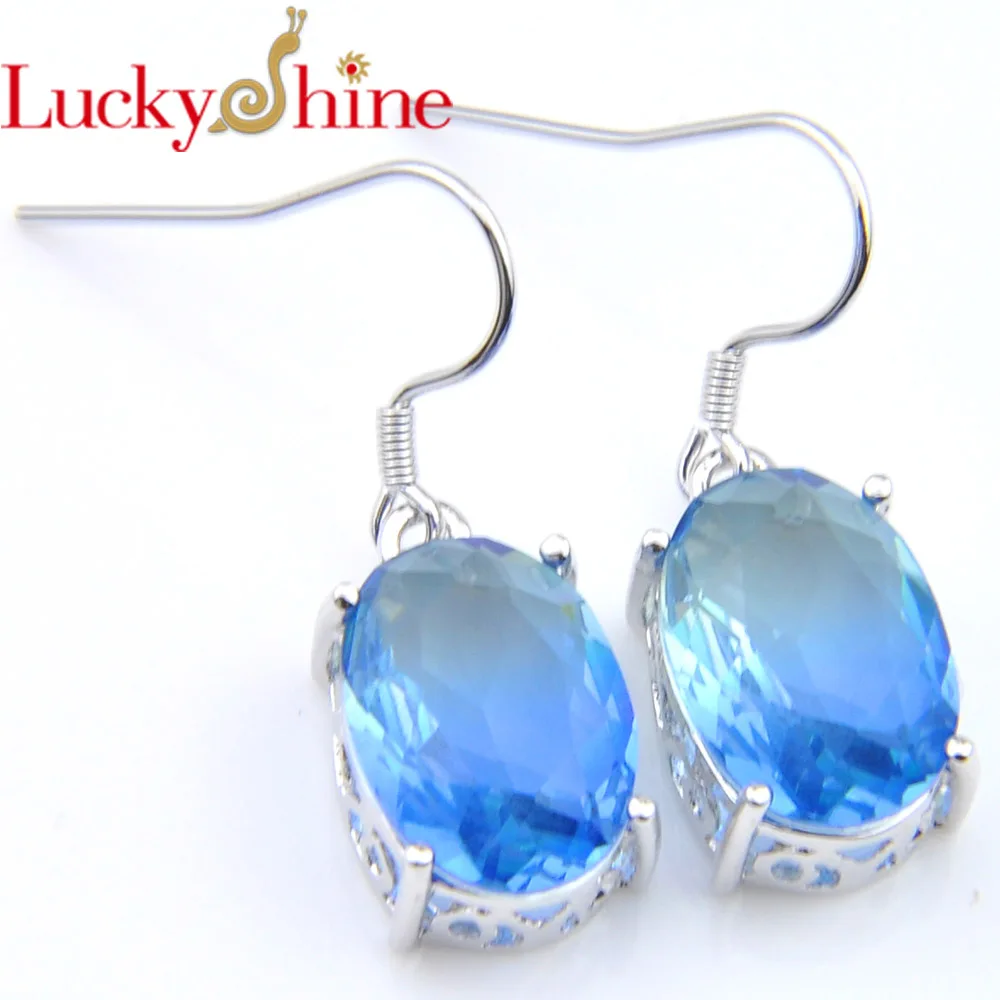 

Luckyshine Fashion Top Blue Tourmaline Crystal Zirconia 925 Silver Oval For Women Drop Earrings Bride Wedding Jewelry