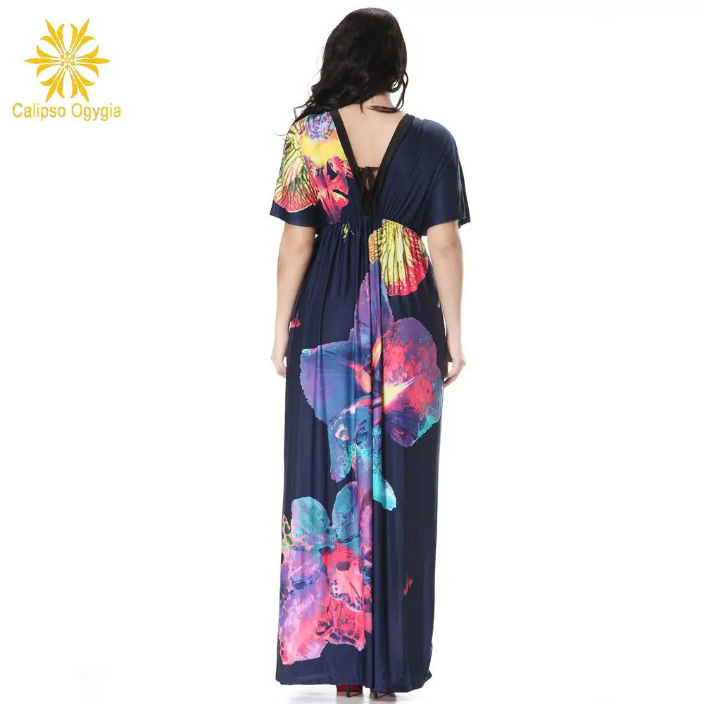 Женщин Floar V Шеи Лето Женский Пляж Голеностопного Длина Платья Длинное Платье 3xl-5XL