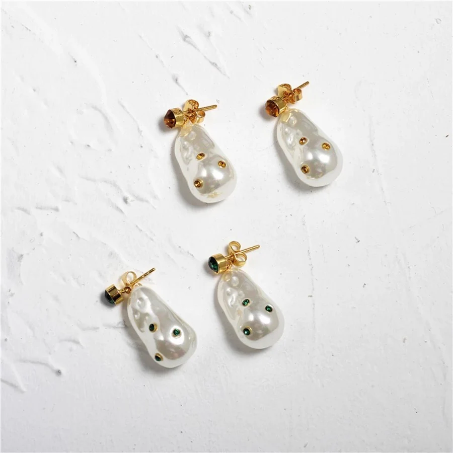 2019 Spring New High Fashion Brand Jewelry Gold Color Dangle Baroque Pearl Tassel Earrins With Green Yellow Stone Femme Bijoux | Украшения
